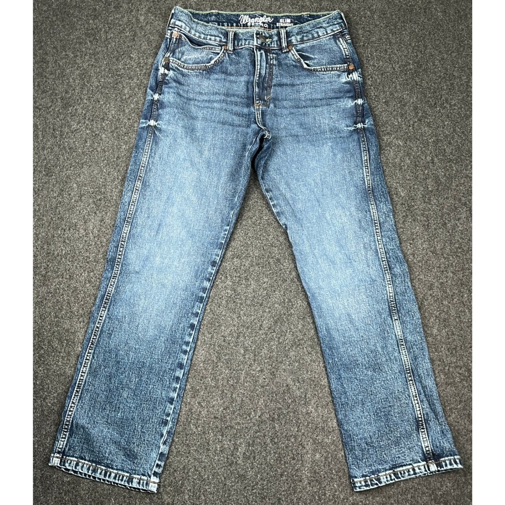 Wrangler Retro Slim Straight Jeans Mens 31x30 Medium Wash Blue Denim GREAT Fade